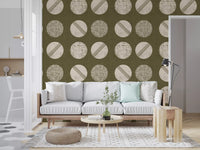 Olive Green Cream Circles Wallpaper Mid Century Wallpaper⁠