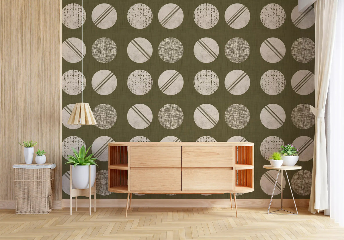 Olive Green Cream Circles Wallpaper Mid Century Wallpaper⁠