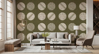 Olive Green Cream Circles Wallpaper Mid Century Wallpaper⁠