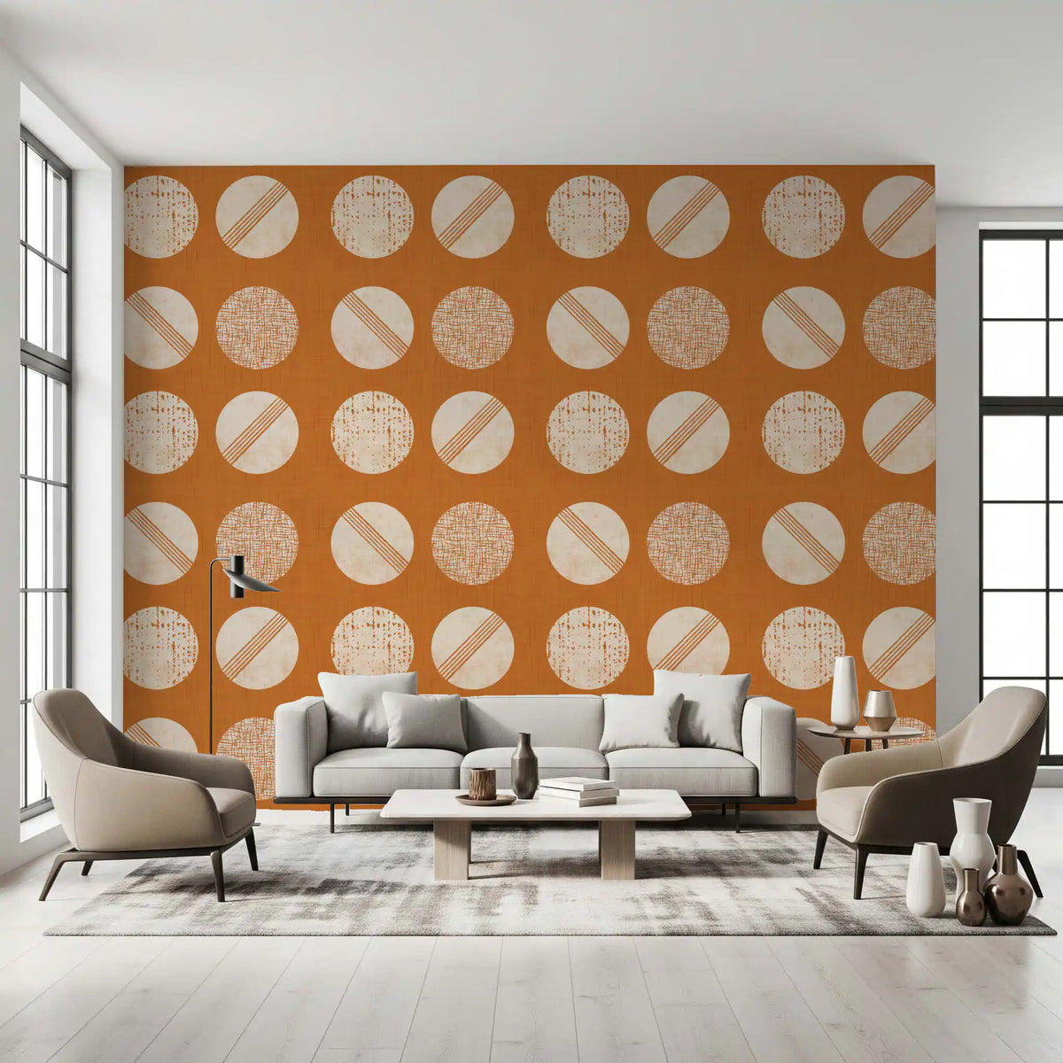 Burnt Orange Cream Circles Wallpaper Mid Century Wallpaper⁠