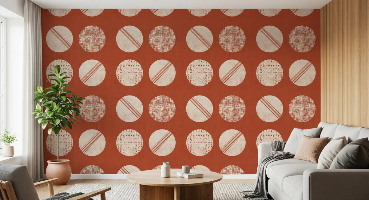 Rust Red Cream Circles Wallpaper Mid Century Wallpaper⁠