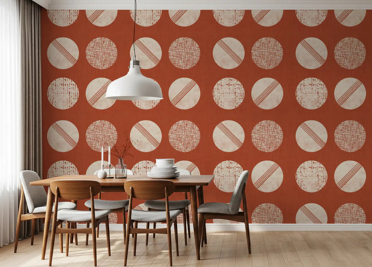 Rust Red Cream Circles Wallpaper Mid Century Wallpaper⁠