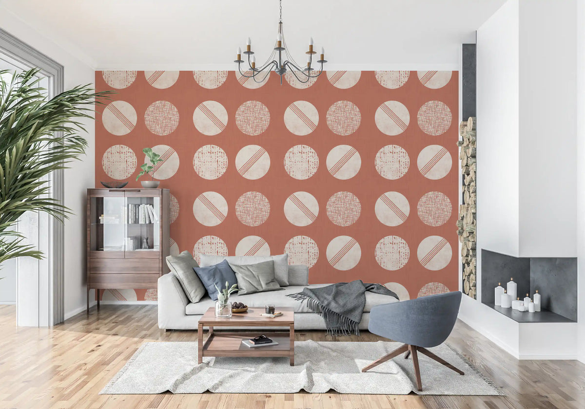 Rust Red Cream Circles Wallpaper Mid Century Wallpaper⁠