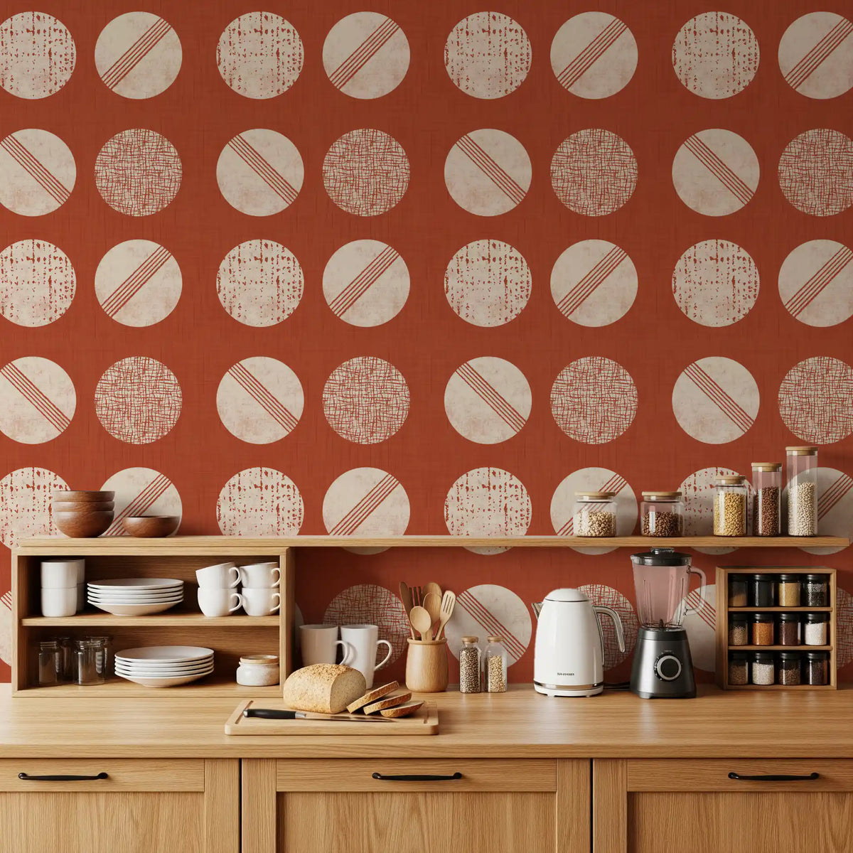 Rust Red Cream Circles Wallpaper Mid Century Wallpaper⁠