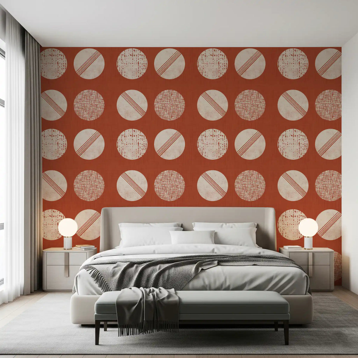 Rust Red Cream Circles Wallpaper Mid Century Wallpaper⁠