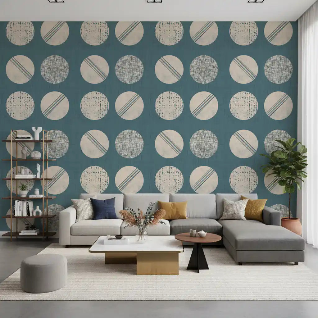 Dusty Teal Cream Circles Wallpaper Mid Century Wallpaper⁠