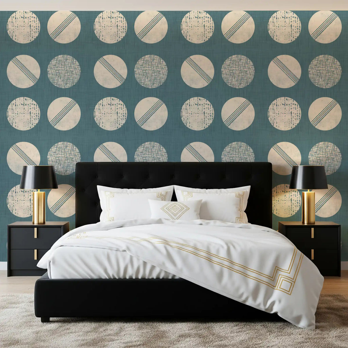 Dusty Teal Cream Circles Wallpaper Mid Century Wallpaper⁠