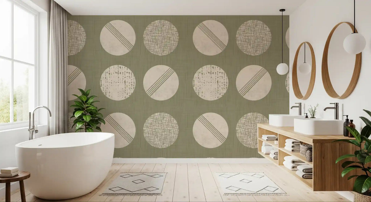 Sage Green Cream Circles Wallpaper Mid Century Wallpaper⁠