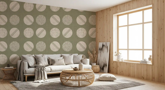 Sage Green Cream Circles Wallpaper Mid Century Wallpaper⁠