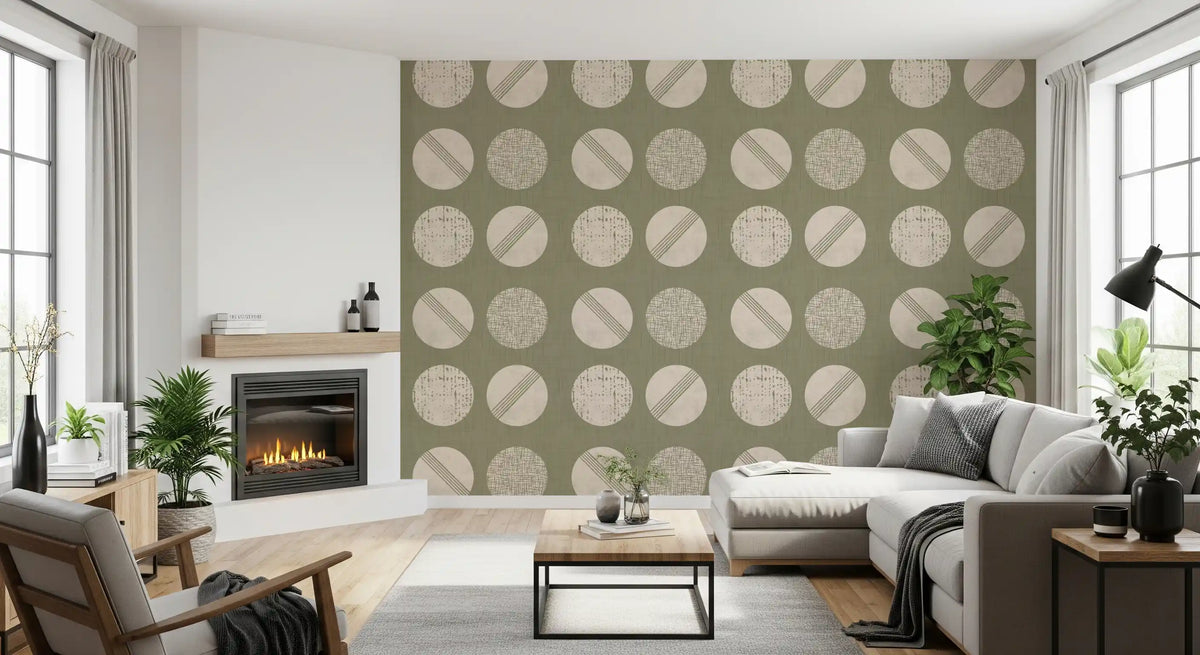 Sage Green Cream Circles Wallpaper Mid Century Wallpaper⁠