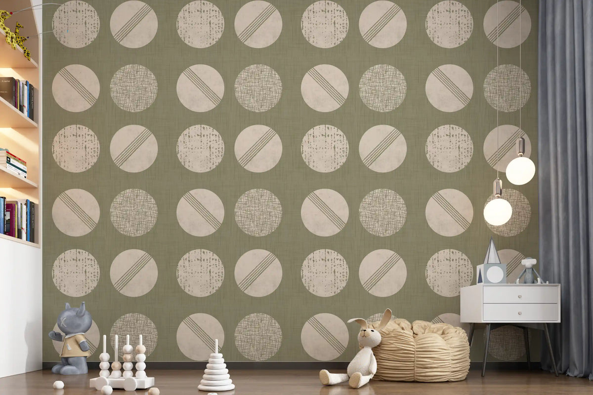 Sage Green Cream Circles Wallpaper Mid Century Wallpaper⁠