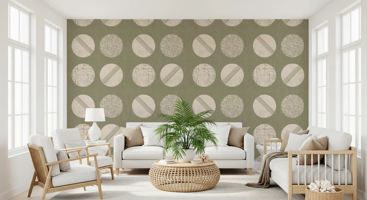 Sage Green Cream Circles Wallpaper Mid Century Wallpaper⁠
