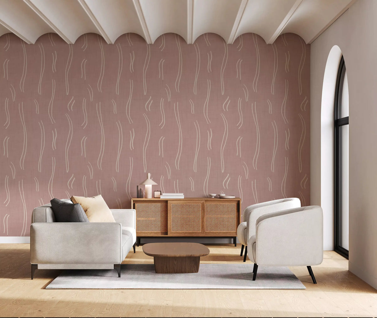 Blush Pink Wavy Stripe Wallpaper Mid Century Wallpaper⁠