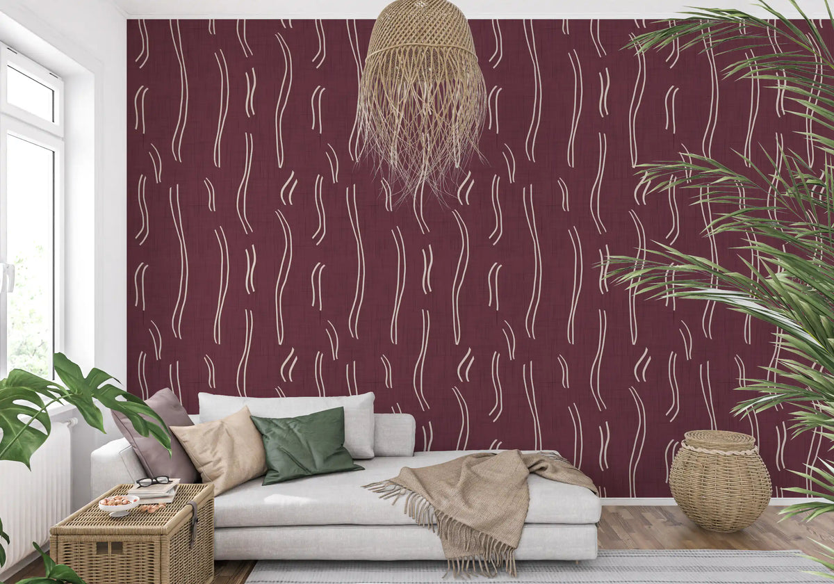Burgundy Wavy Stripe Wallpaper Mid Century Wallpaper⁠