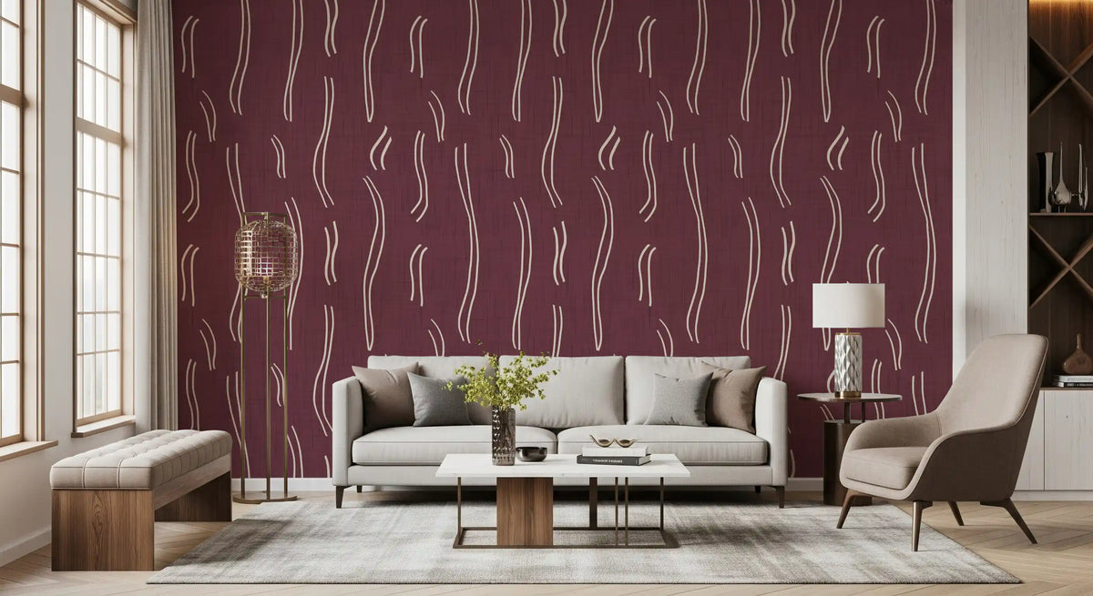 Burgundy Wavy Stripe Wallpaper Mid Century Wallpaper⁠