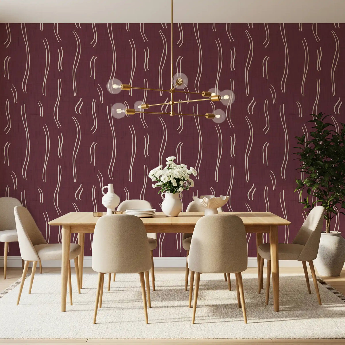 Burgundy Wavy Stripe Wallpaper Mid Century Wallpaper⁠
