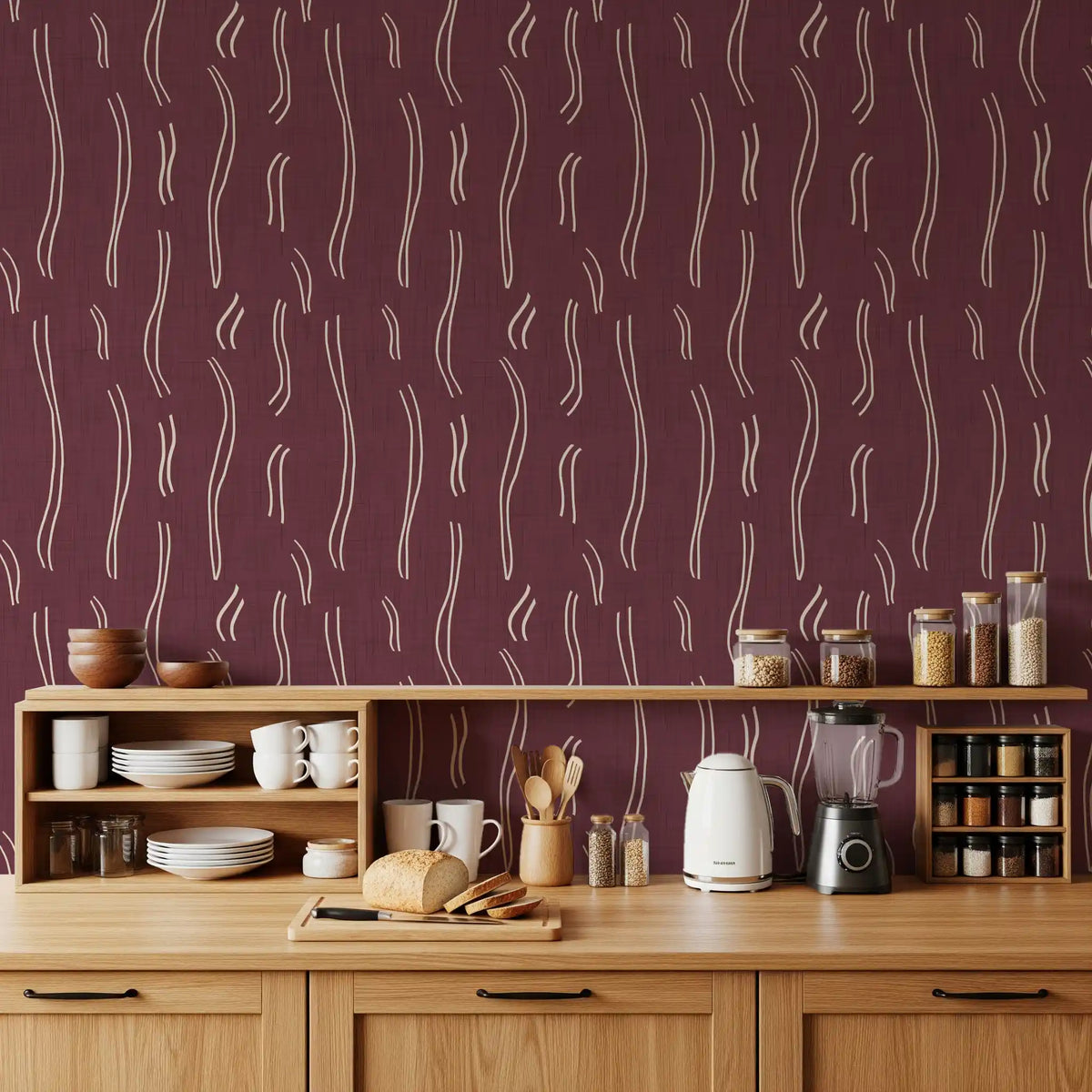 Burgundy Wavy Stripe Wallpaper Mid Century Wallpaper⁠
