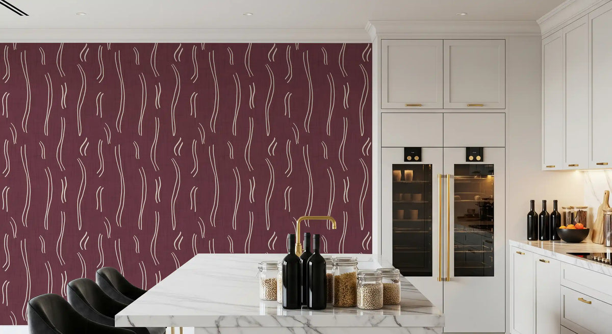 Burgundy Wavy Stripe Wallpaper Mid Century Wallpaper⁠