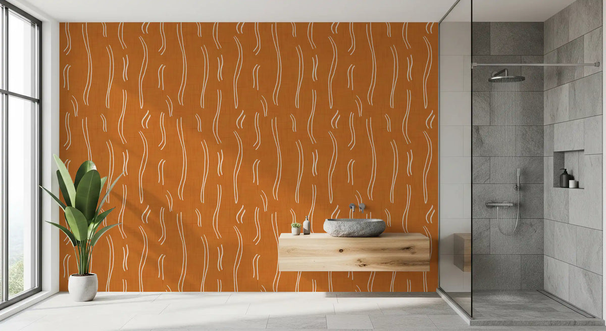 Burnt Orange Wavy Stripe Wallpaper Mid Century Wallpaper⁠