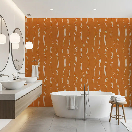 Burnt Orange Wavy Stripe Wallpaper Mid Century Wallpaper⁠