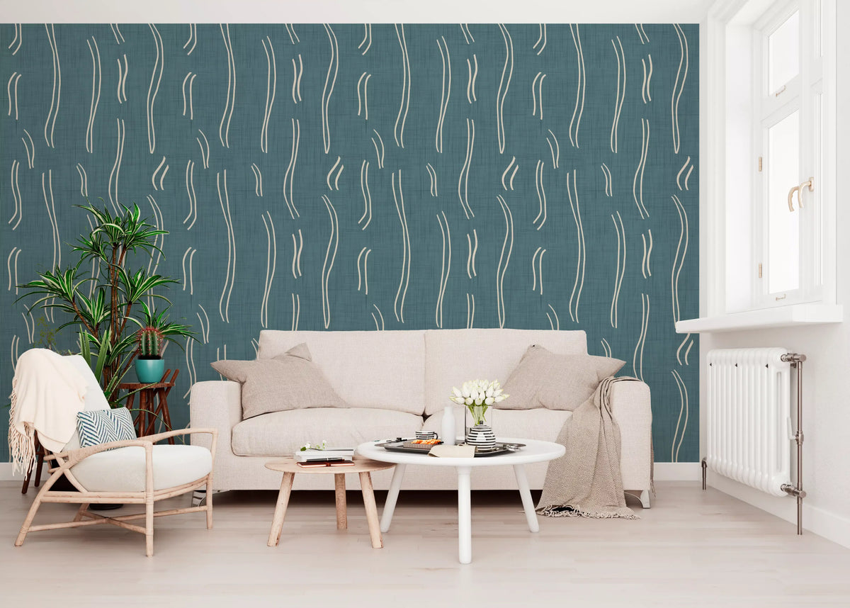 Dusty Teal Wavy Stripe Wallpaper Mid Century Wallpaper⁠