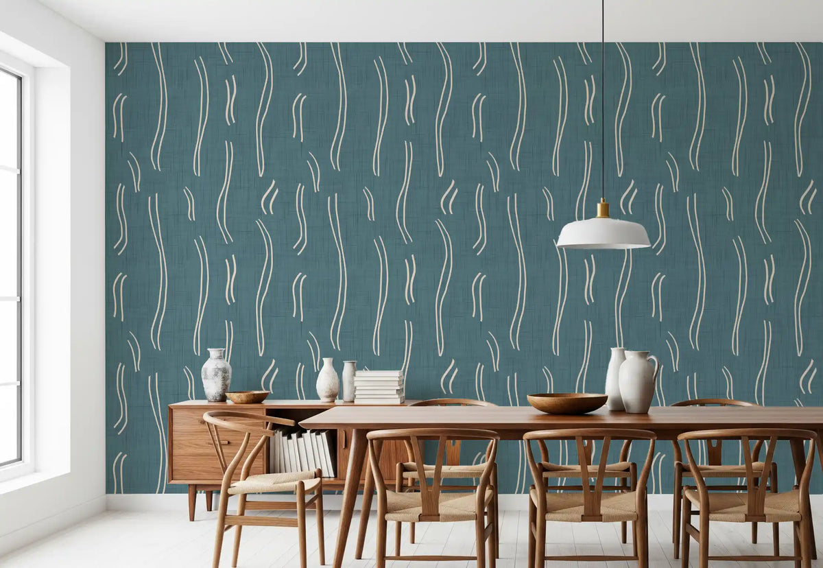 Dusty Teal Wavy Stripe Wallpaper Mid Century Wallpaper⁠