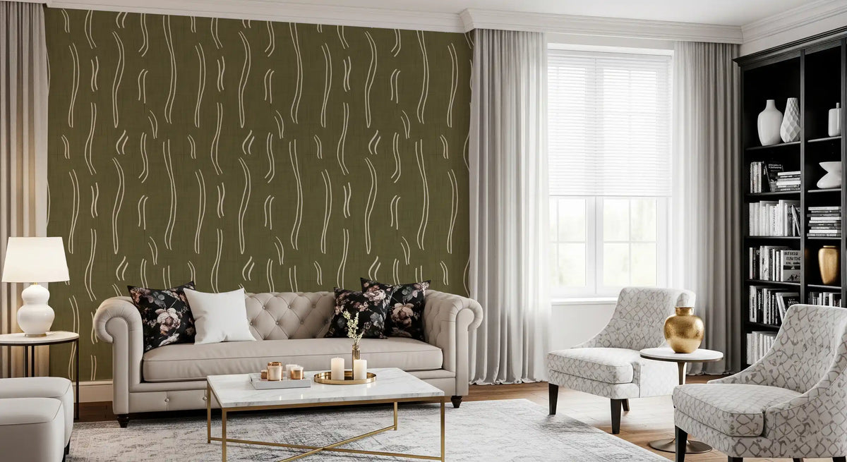Olive Green Wavy Stripe Wallpaper Mid Century Wallpaper⁠