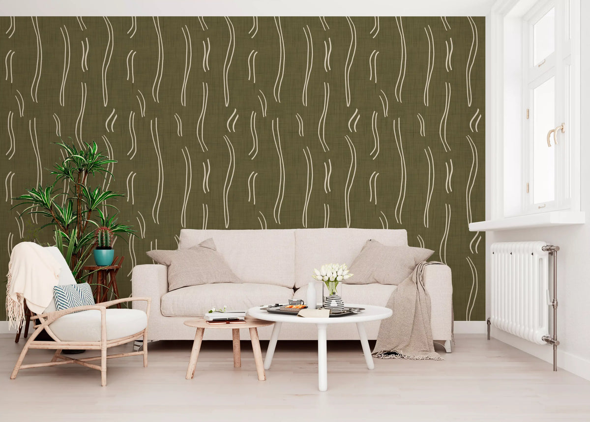 Olive Green Wavy Stripe Wallpaper Mid Century Wallpaper⁠