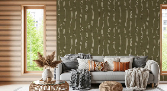 Olive Green Wavy Stripe Wallpaper Mid Century Wallpaper⁠
