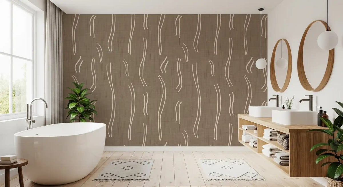Warm Taupe Wavy Stripe Wallpaper Mid Century Wallpaper⁠