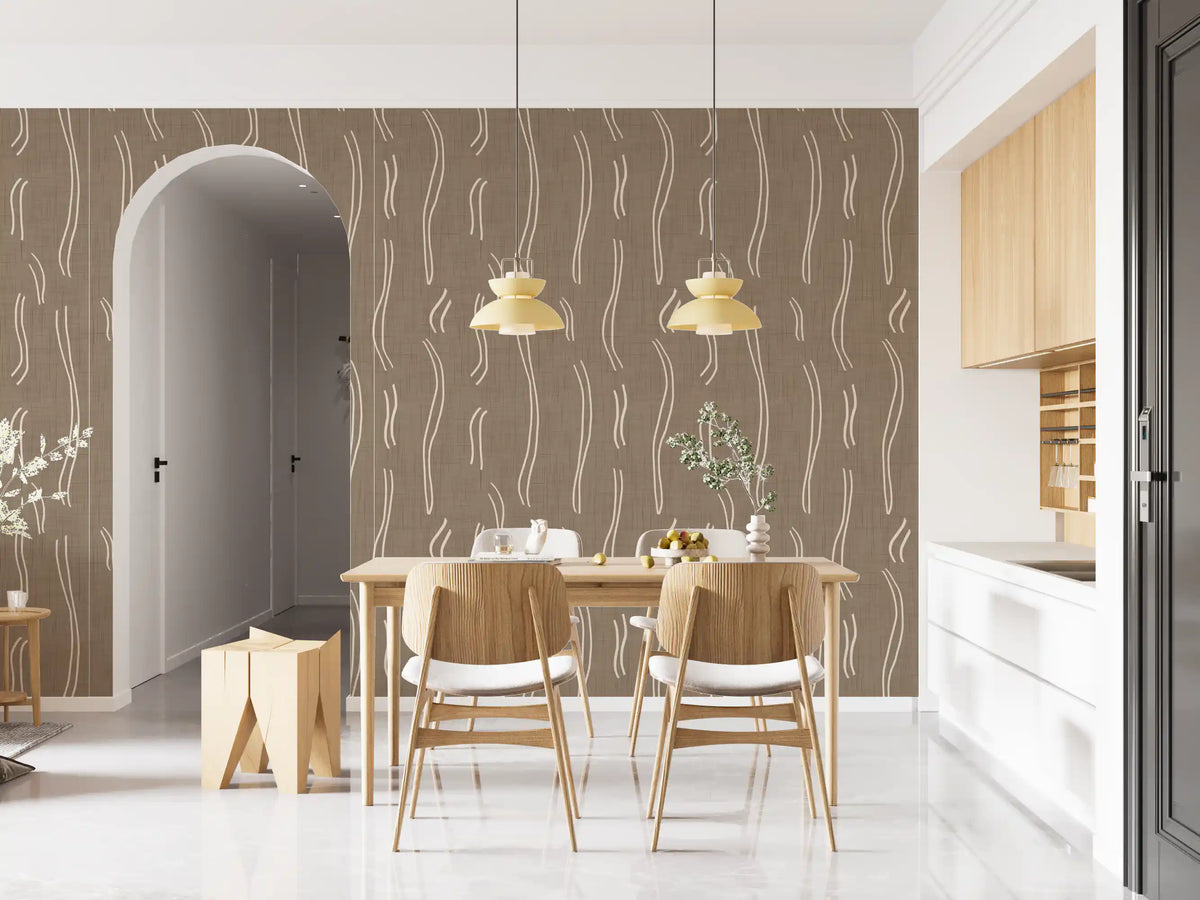 Warm Taupe Wavy Stripe Wallpaper Mid Century Wallpaper⁠