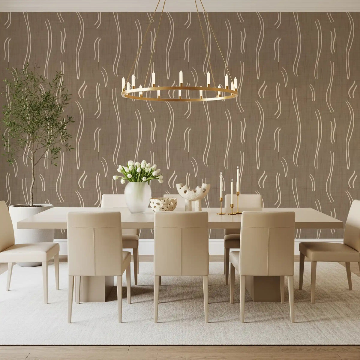 Warm Taupe Wavy Stripe Wallpaper Mid Century Wallpaper⁠