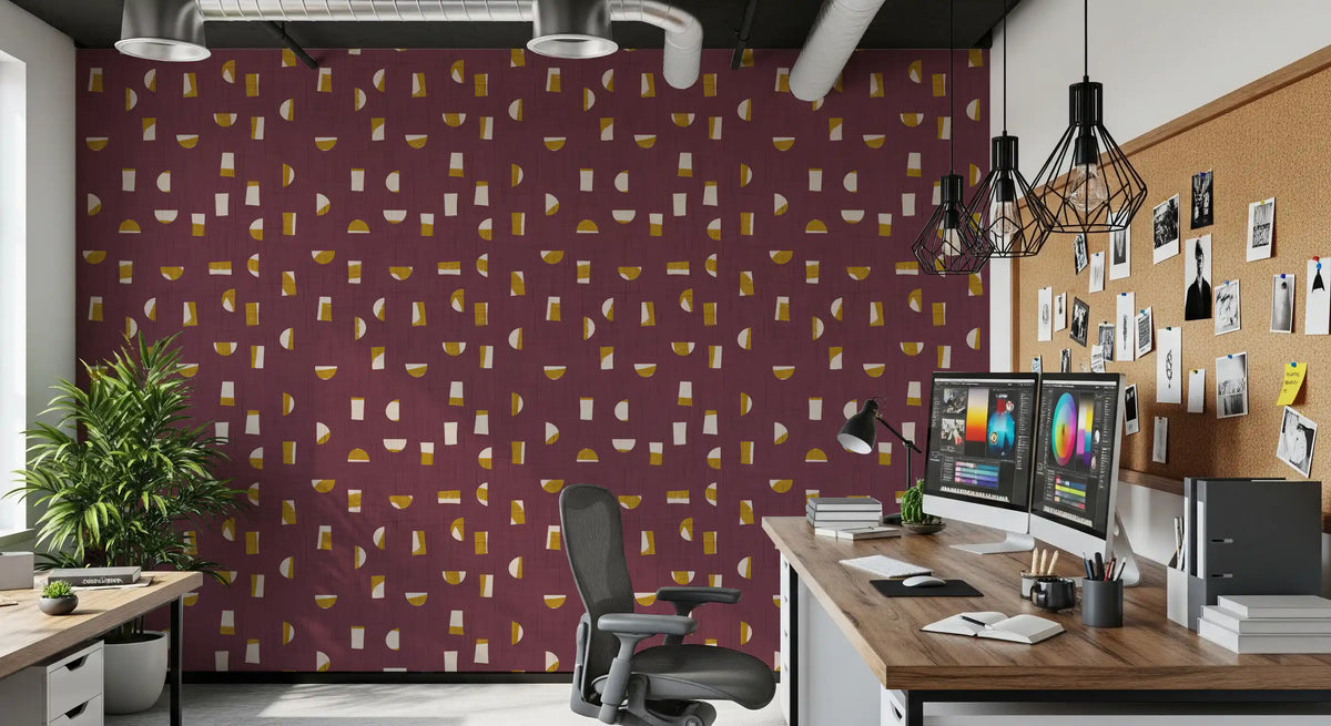 Burgundy Abstract Shapes Wallpaper Mid Century Wallpaper⁠