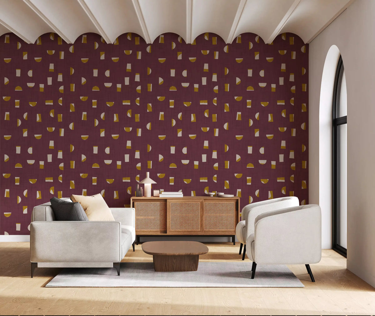 Burgundy Abstract Shapes Wallpaper Mid Century Wallpaper⁠