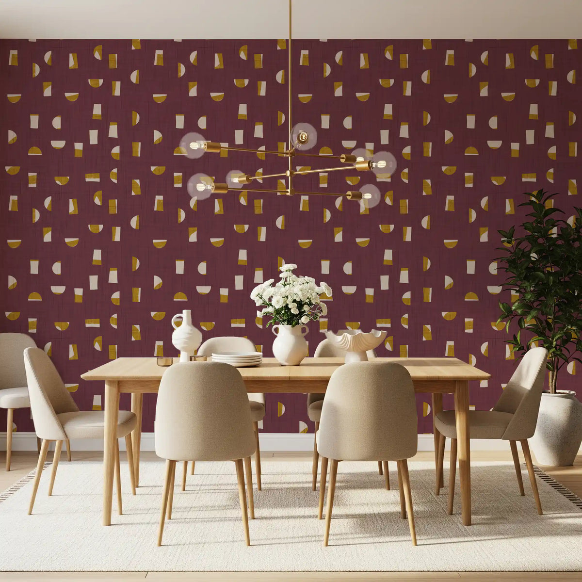 Burgundy Abstract Shapes Wallpaper Mid Century Wallpaper⁠
