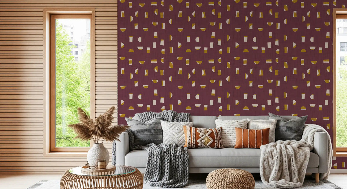 Burgundy Abstract Shapes Wallpaper Mid Century Wallpaper⁠