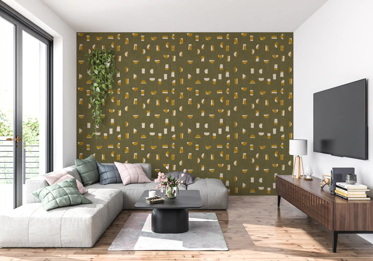 Olive Green Abstract Shapes Wallpaper Mid Century Wallpaper⁠