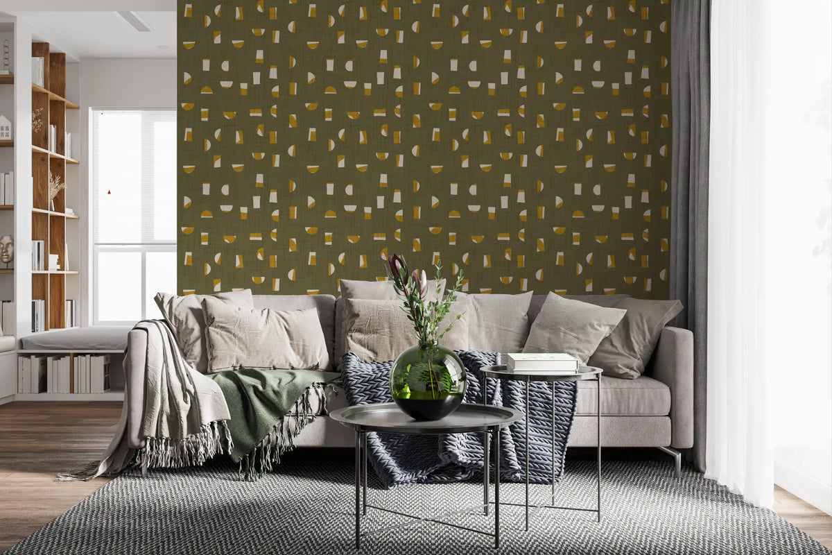 Olive Green Abstract Shapes Wallpaper Mid Century Wallpaper⁠