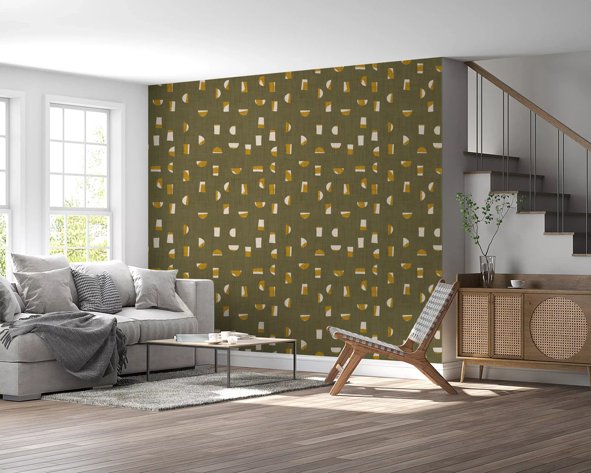 Olive Green Abstract Shapes Wallpaper Mid Century Wallpaper⁠