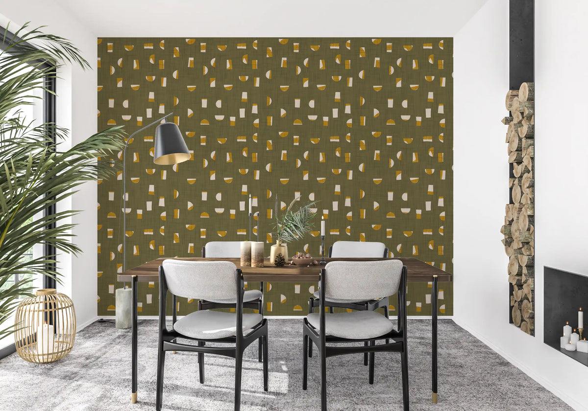 Olive Green Abstract Shapes Wallpaper Mid Century Wallpaper⁠