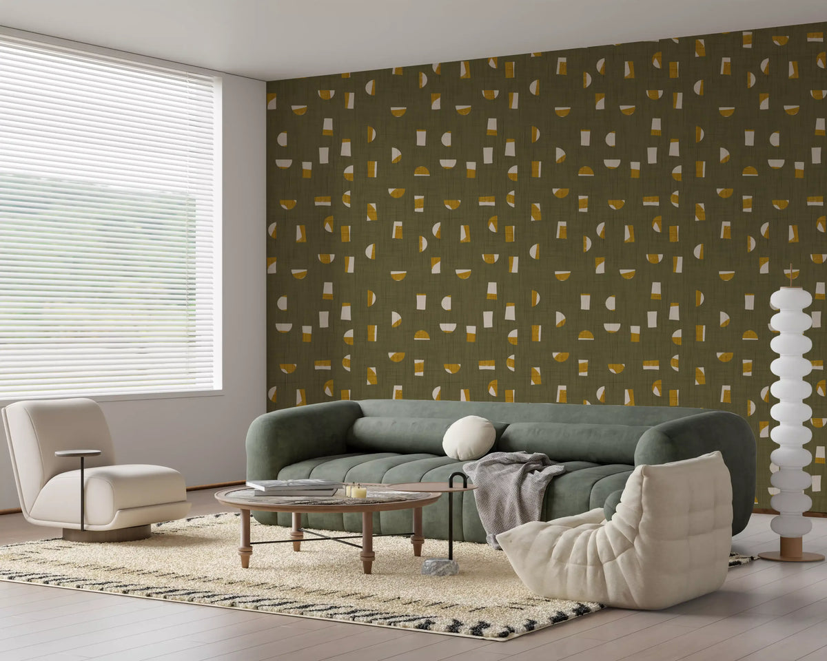 Olive Green Abstract Shapes Wallpaper Mid Century Wallpaper⁠