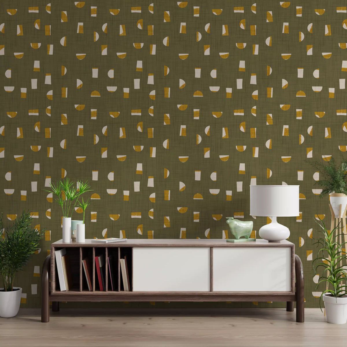Olive Green Abstract Shapes Wallpaper Mid Century Wallpaper⁠