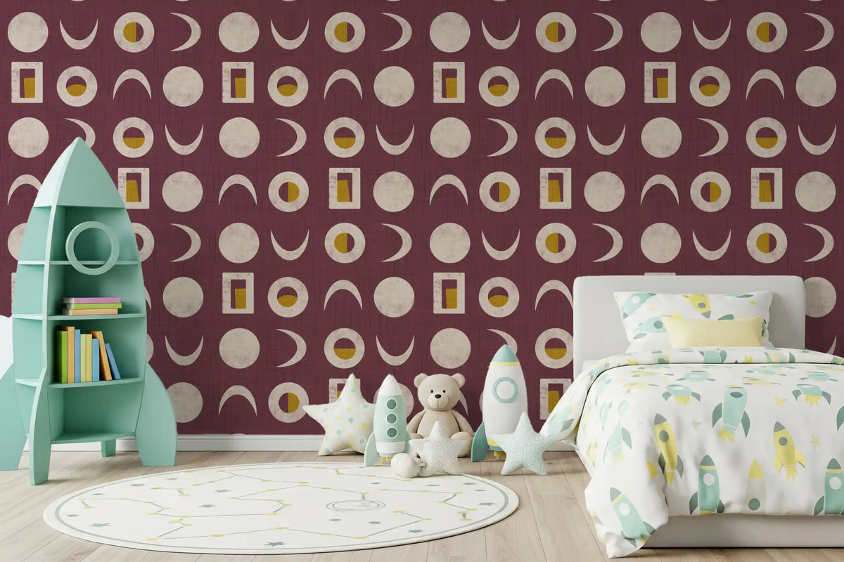 Burgundy Moon Phase Wallpaper Mid Century Wallpaper⁠
