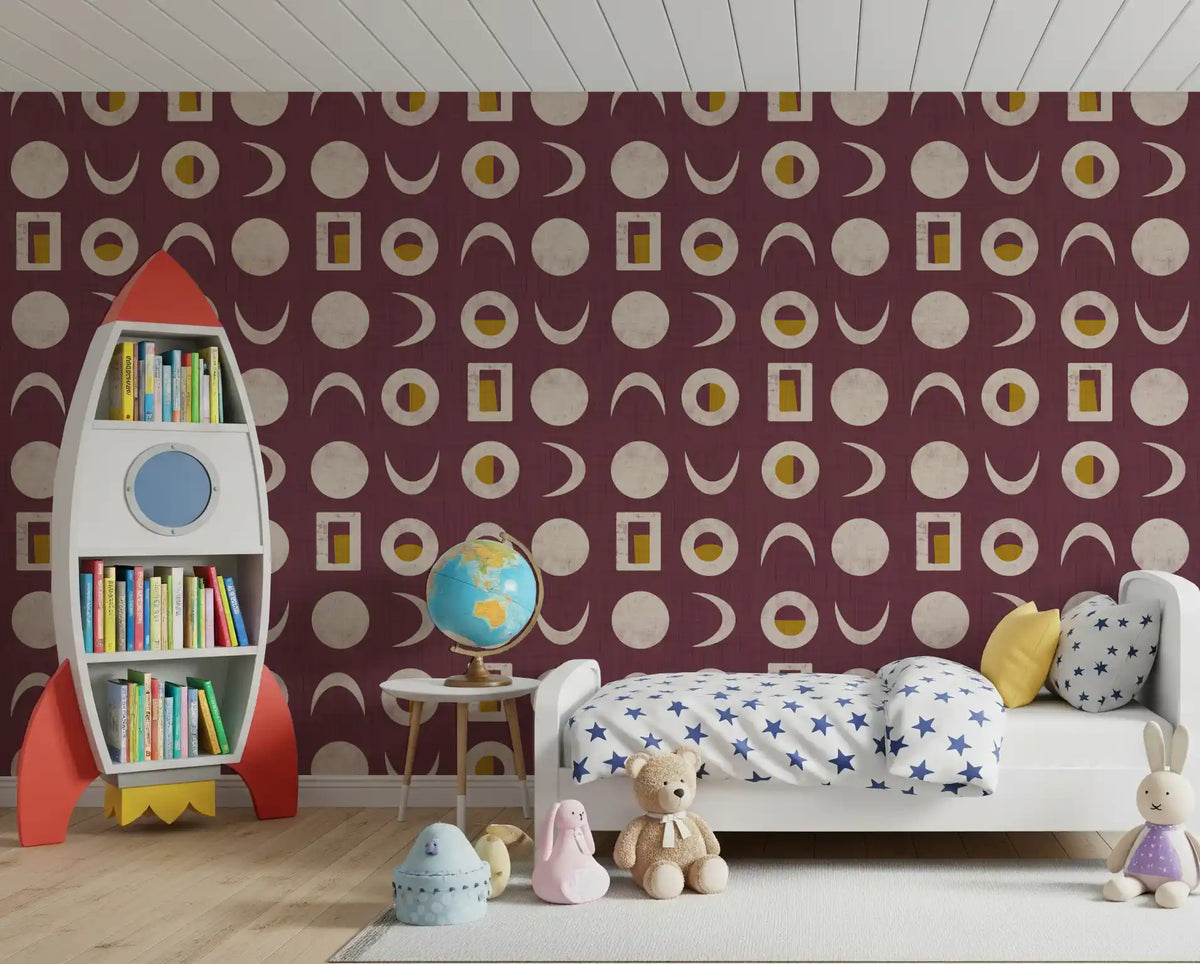 Burgundy Moon Phase Wallpaper Mid Century Wallpaper⁠