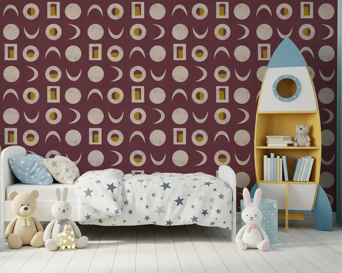Burgundy Moon Phase Wallpaper Mid Century Wallpaper⁠