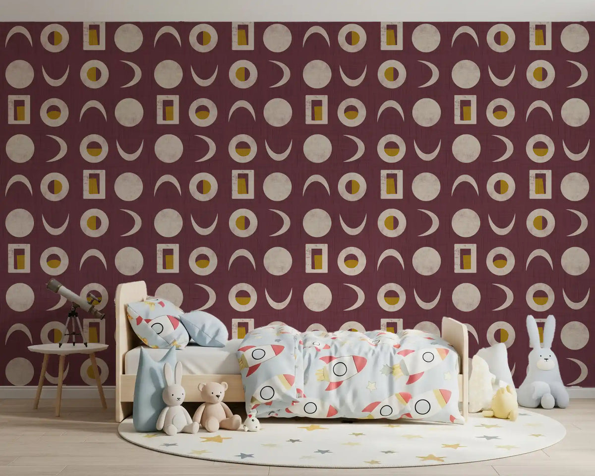 Burgundy Moon Phase Wallpaper Mid Century Wallpaper⁠