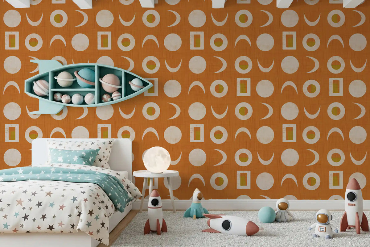 Burnt Orange Moon Phase Wallpaper Mid Century Wallpaper⁠