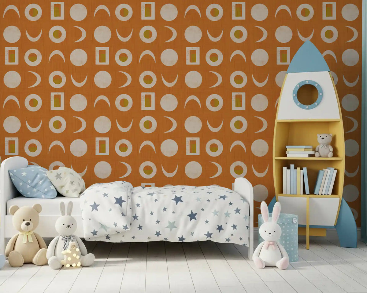 Burnt Orange Moon Phase Wallpaper Mid Century Wallpaper⁠