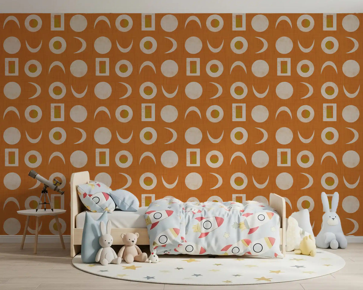 Burnt Orange Moon Phase Wallpaper Mid Century Wallpaper⁠