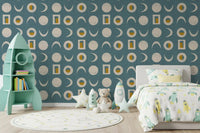 Dusty Teal Moon Phase Wallpaper Mid Century Wallpaper⁠